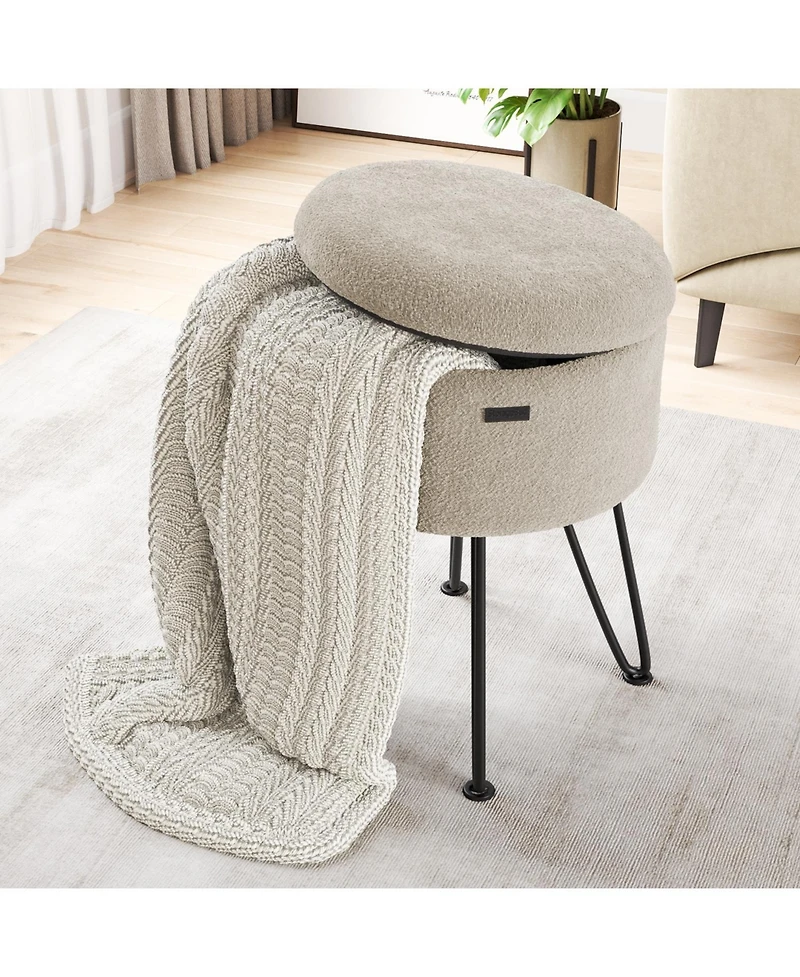 Nestl Modern Boucle Round Ottoman with Hidden Storage – Foot Stool, Makeup Vanity Small Rest, Perfect for Living Room & Bed