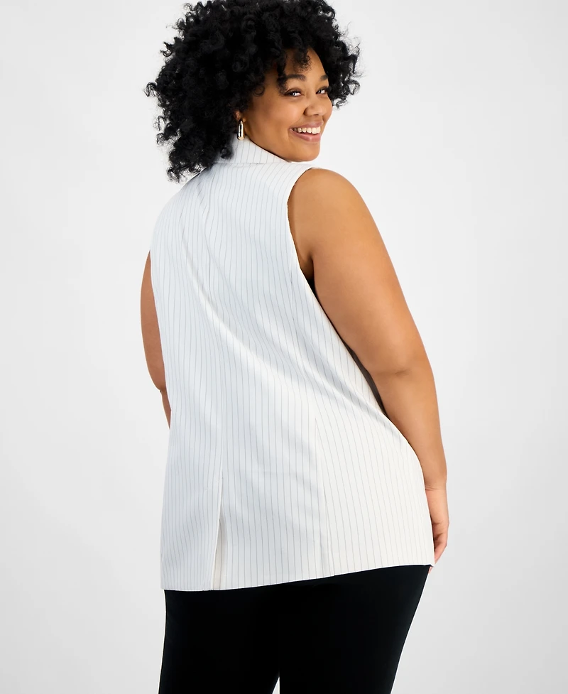 Bar Iii Trendy Plus Size Long White Pinstriped Vest, Created for Macy's