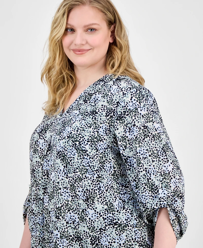Ak Anne Klein Plus Printed Roll-Tab-Sleeve Tunic
