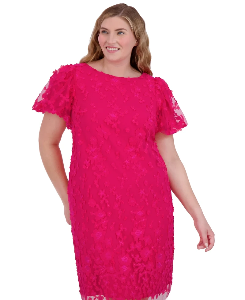 Eliza J Plus Size Puffed-Sleeve 3D-Floral Shift Dress