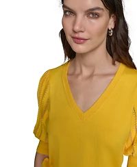 Karl Lagerfeld Paris Women's Puffed-Sleeve V-Neck Sweater