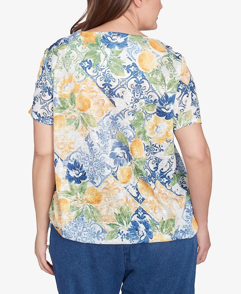 Alfred Dunner Plus Lemon Tile Knotted Crew Neck Top