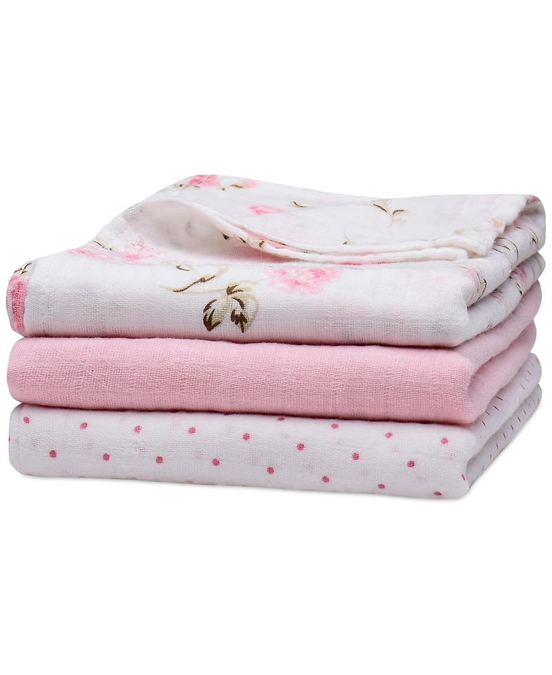 Little Me Baby Girls 3-Pc. Vintage Rose Muslin Blankets Set