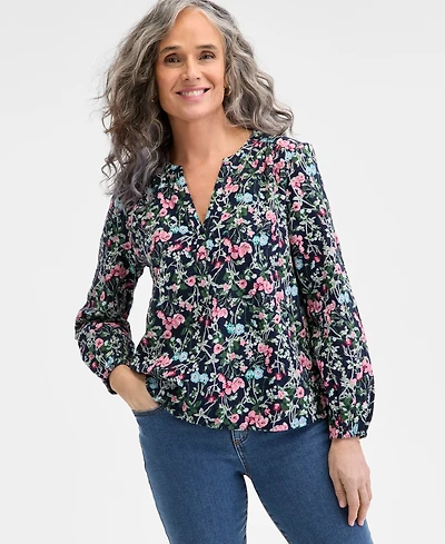 Style & Co Floral-Print Gauze Popover Long-Sleeve Top, Exclusively at Macy's