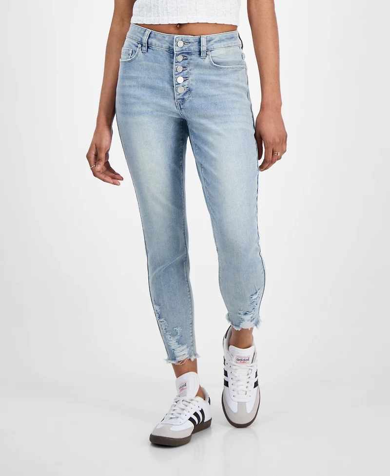 Indigo Rein Juniors' Mid Rise Button Fly Distressed Cropped Curvy Jeans