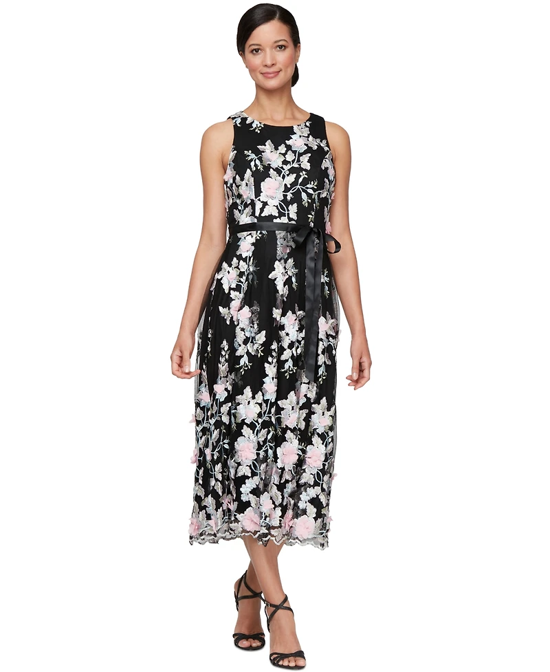 Alex Evenings Women's Embroidered-Chiffon Satin-Belt Dress