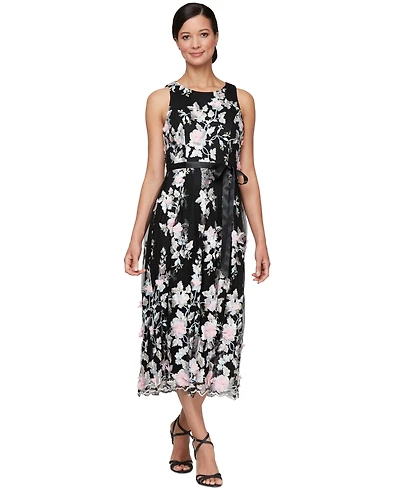 Alex Evenings Women's Embroidered-Chiffon Satin-Belt Dress
