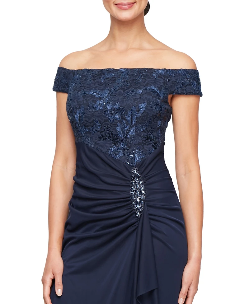 Alex Evenings Women's Embroidered Lace Ruched Gown