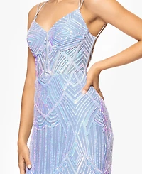 Blondie Nites Juniors' Sequin-Mesh Floor-Sweeping Corset Gown