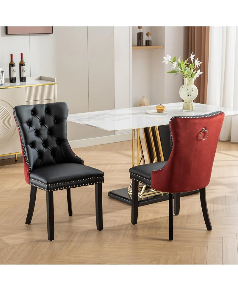 Upholstered Dining Chairs Set of 2 – Velvet & Faux Leather with Button Tufting and Nailhead Trim