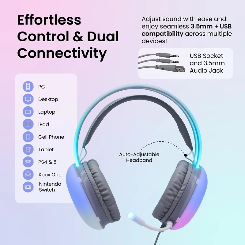 Gabba Goods Rainbow Led Gaming Headset with Adjustable Microphone. For PS5, Ps4, Xbox Series X/S, Switch, Pc, Mobile