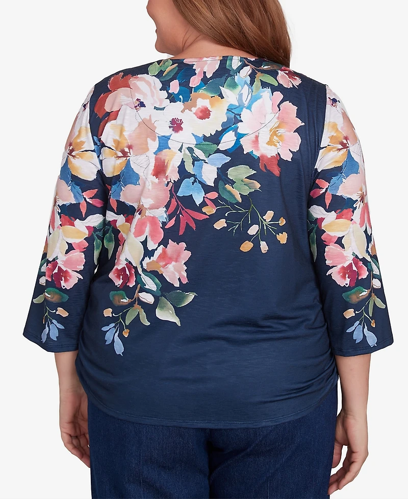 Alfred Dunner Plus Free Spirit Floral Knit Ruched Sleeve Top