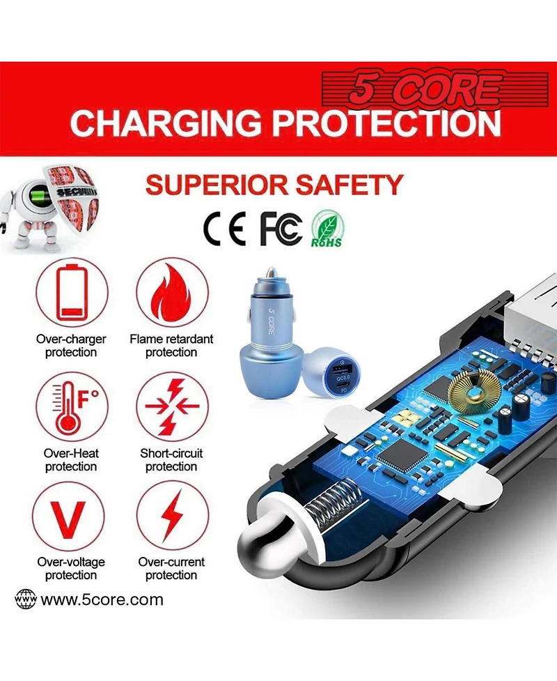 5 Core Usb Car Charger Cigarette Lighter Adapter 1 Usb 1 Type C Port Qc 3.0 36W Fast Charging
