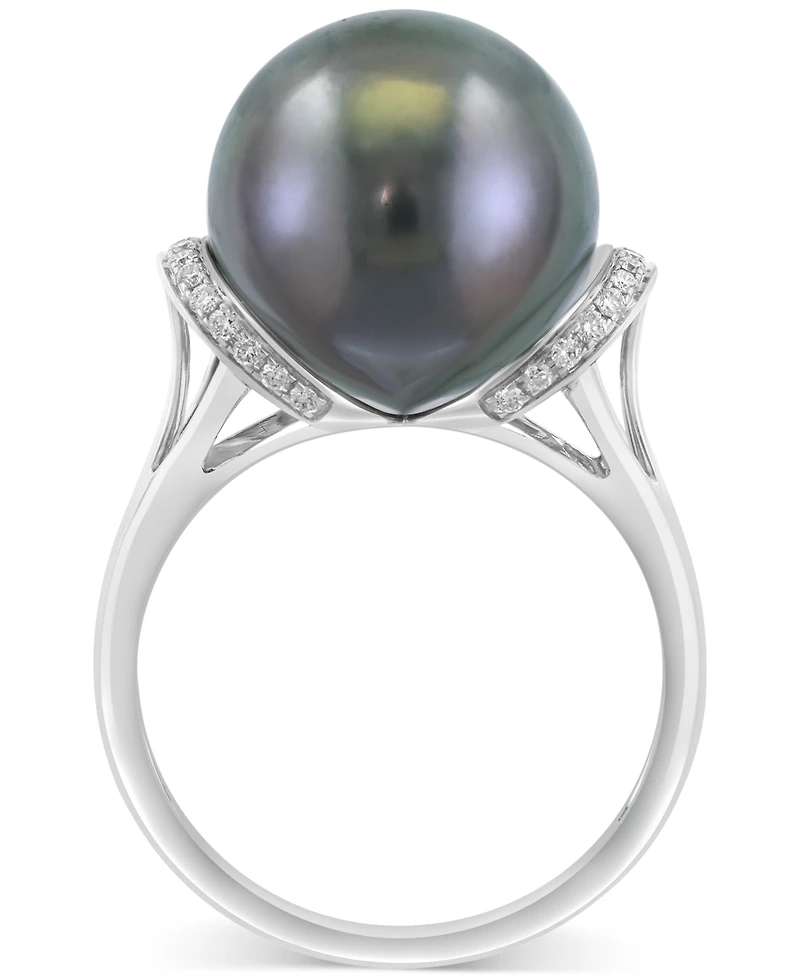 Effy Cultured Black Tahitian Pearl (13mm) & Diamond (1/8 ct. t.w.) Ring in 14k White Gold