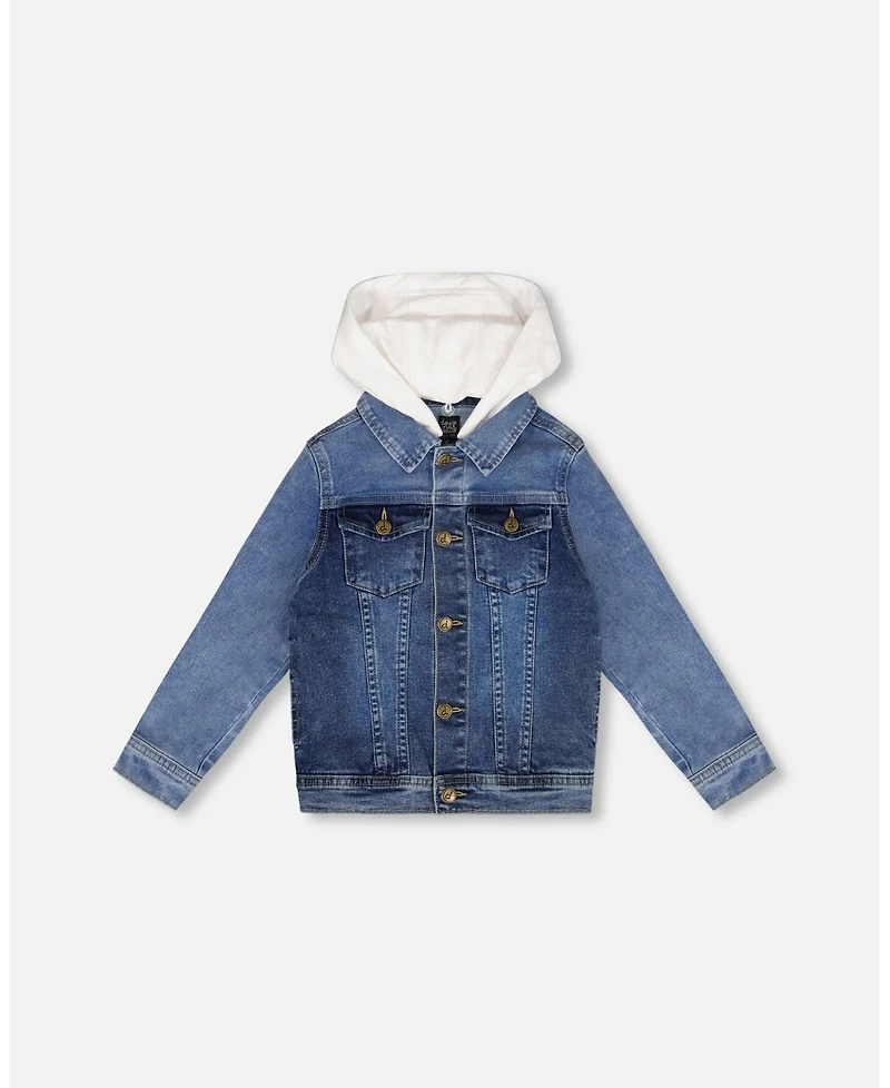 Deux par Deux Boy Denim Jacket With French Terry Hood White And Denim Blue - Toddler|Child