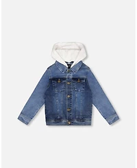 Deux par Deux Boy Denim Jacket With French Terry Hood White And Denim Blue - Toddler|Child