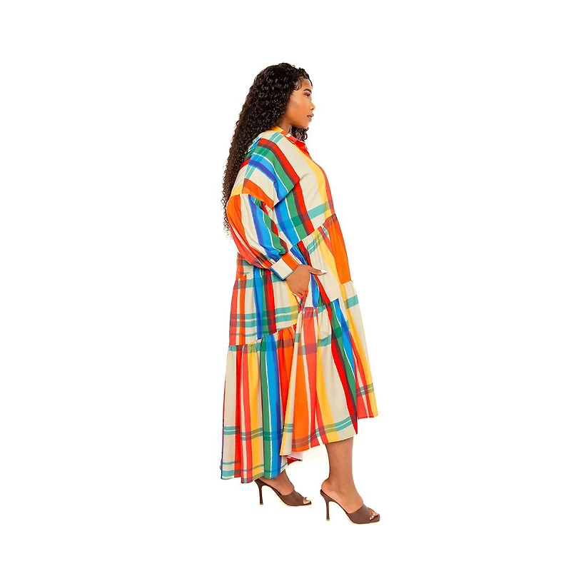 Buxom Couture Women's Plus Plaid Puff Sleeve Tiered Shirt Dress