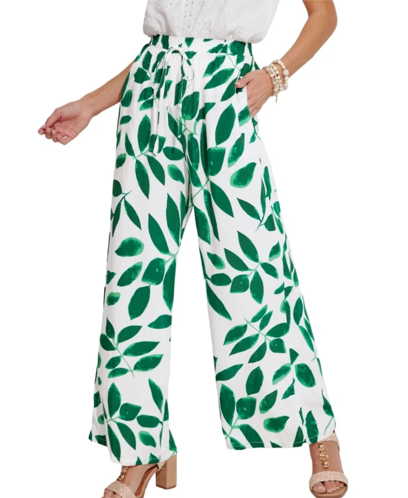 Cupshe Women's White & Green Tropical Leaf Drawstring Cover-up Pants