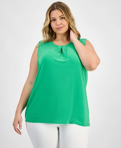 Kasper Plus Size Sleeveless Pleat-Neck Keyhole Top