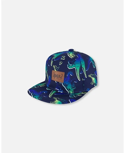 Deux par Deux Baby Boys Printed Cap Blue And Green Dino On Navy