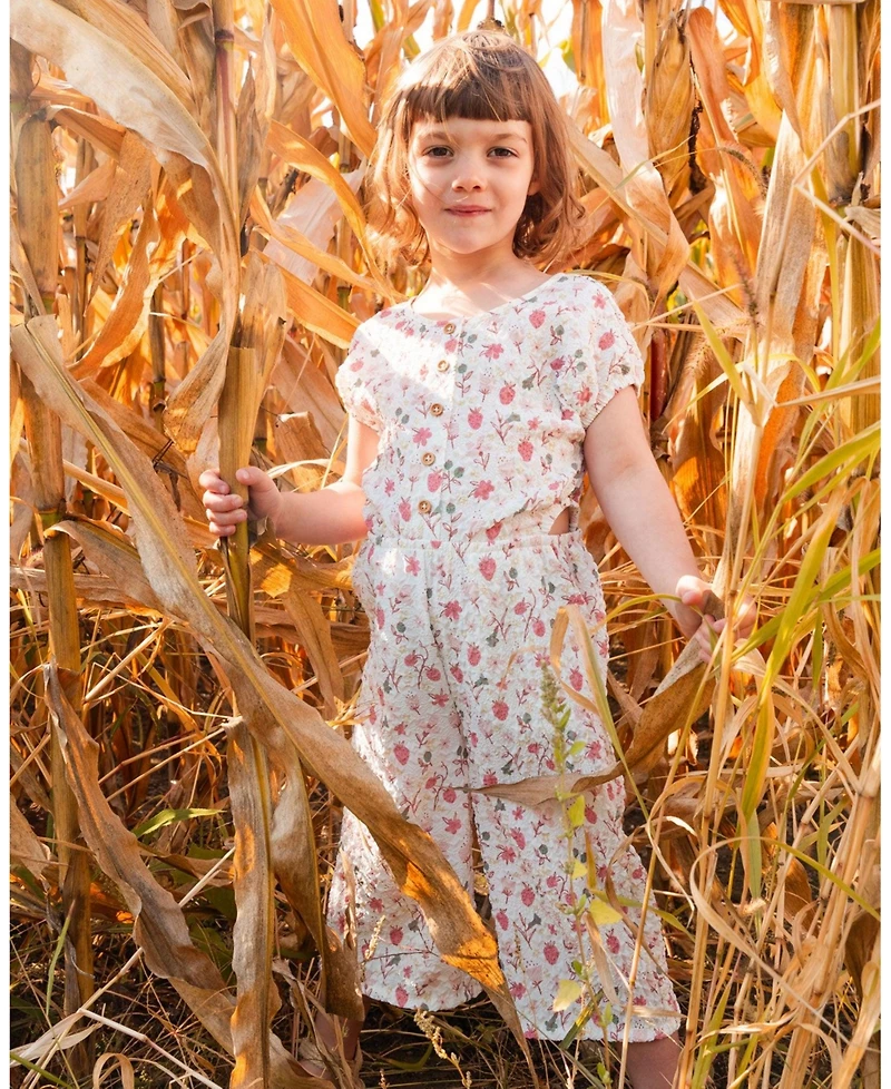 Deux par Deux Toddler Girls Printed Seersucker Jumpsuit With Cut Outs Pink Flowers On Cream Background - Toddler|Child