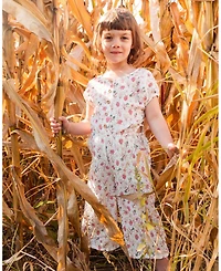 Deux par Deux Toddler Girls Printed Seersucker Jumpsuit With Cut Outs Pink Flowers On Cream Background - Toddler|Child
