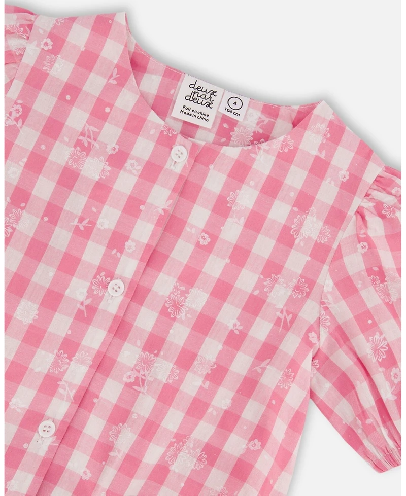 Deux par Toddler Girls Puff Sleeve Top Pink And White Checks - Toddler|Child