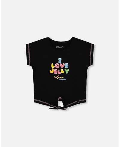 Deux par Toddler Girls Organic Cotton Tee With Print And Knot Black Multicolored - Toddler|Child
