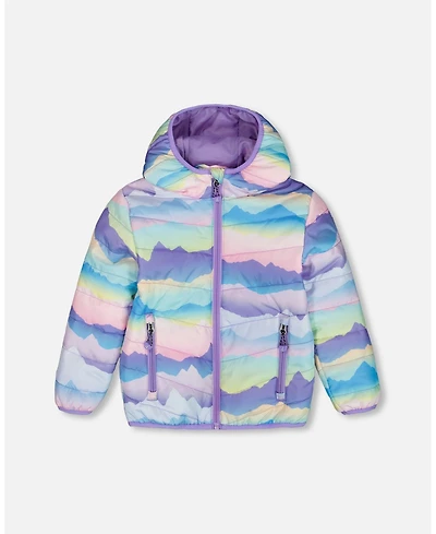 Deux par Deux Baby Girls Printed Quilted Mid-Season Jacket Mauve And Blue, Pink Mountain