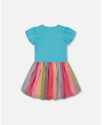 Deux par Deux Big Girls Bi-Material Dress With Printed Mesh Skirt Multicolored