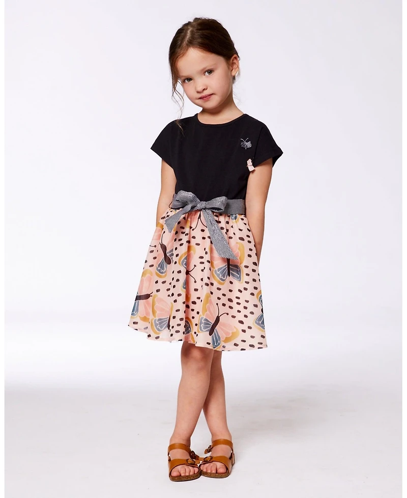 Deux par Deux Toddler Girls Bi-Material Dress With Printed Skirt Black, Pink, And Butterflies - Toddler|Child
