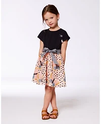 Deux par Deux Toddler Girls Bi-Material Dress With Printed Skirt Black, Pink, And Butterflies - Toddler|Child