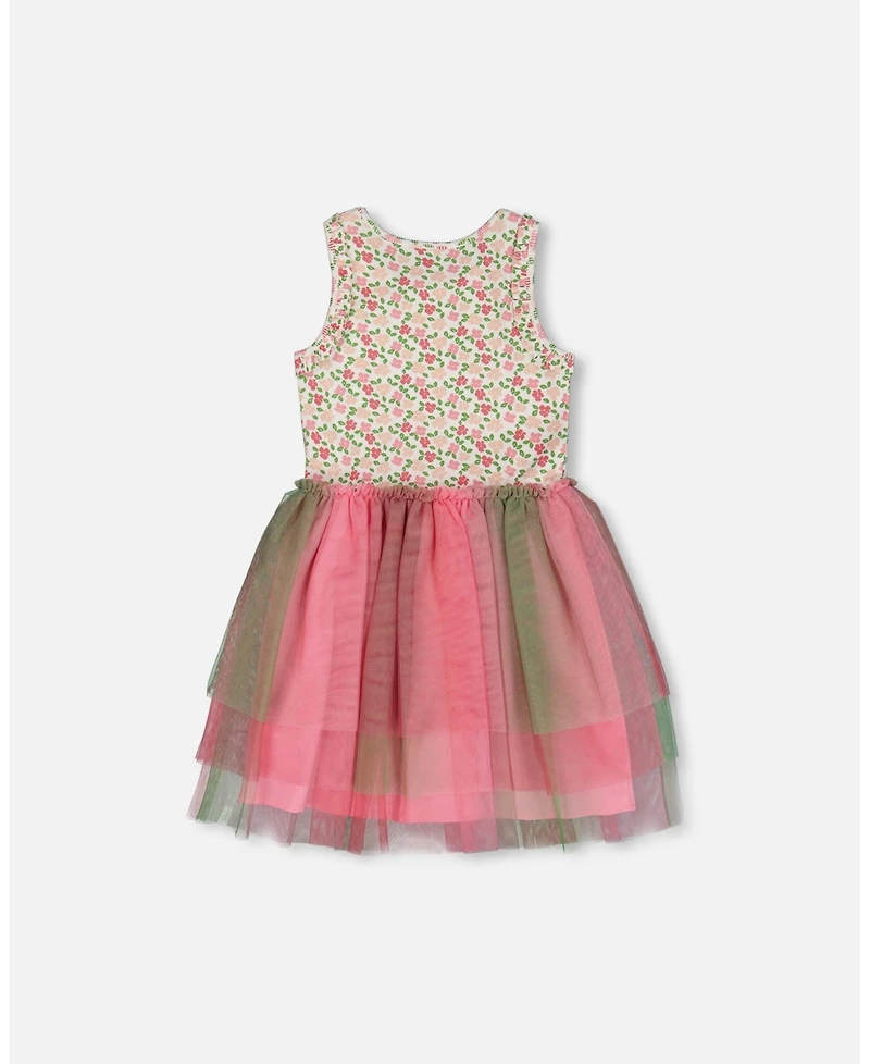 Deux par Deux Toddler Girls Bi-Material Cotton And Mesh Dress Small Flowers And Multicolored Gradient Skirt - Toddler|Child