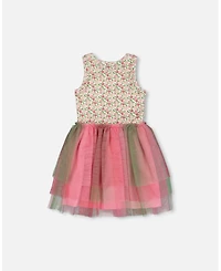 Deux par Deux Toddler Girls Bi-Material Cotton And Mesh Dress Small Flowers And Multicolored Gradient Skirt - Toddler|Child