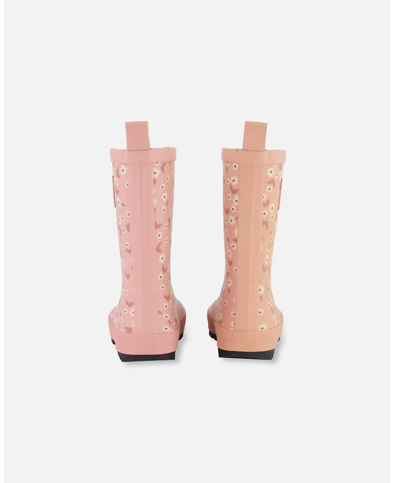 Deux par Deux Little Girls Printed Rain Boots Small White Flowers On Pale Pink