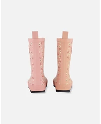 Deux par Deux Little Girls Printed Rain Boots Small White Flowers On Pale Pink