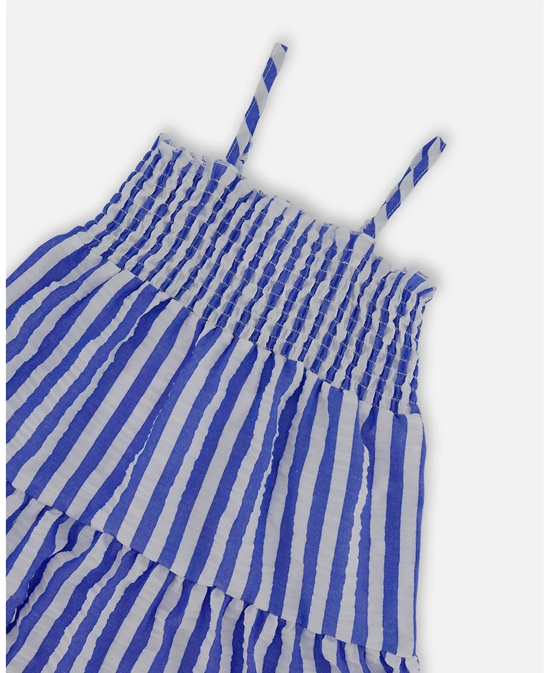 Deux par Deux Toddler Girls Smocked Seersucker Peasant Dress Blue And White Striped - Toddler|Child