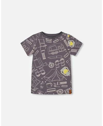Deux par Deux Toddler Boys Printed Organic Cotton Tee Grayish Blue And Camping - Toddler|Child
