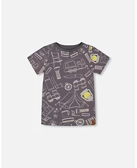 Deux par Deux Toddler Boys Printed Organic Cotton Tee Grayish Blue And Camping - Toddler|Child