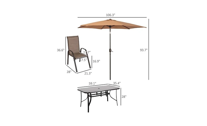 Outdoor Dining Table and Chair Set with Umbrella Complete Patio Furniture for 4-6 People