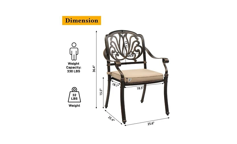 Set of 2 Cast Aluminum Patio Dining Chairs with Cushions, Stackable Outdoor Bistro Chairs for Balcony Backyard Garden Deck
