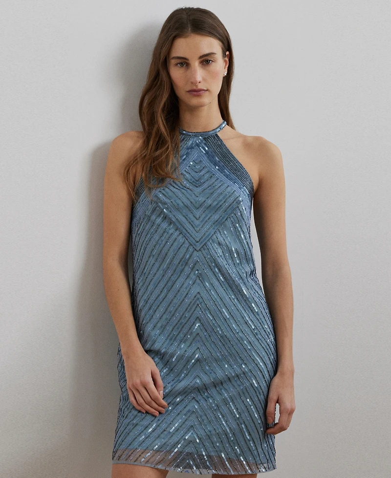 Lauren Ralph Lauren Women's Beaded Mesh Halter Cocktail Dress