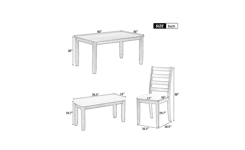 Rustic Style 6-Piece Dining Room Table Set with 4 Upholstered Chairs & a Bench