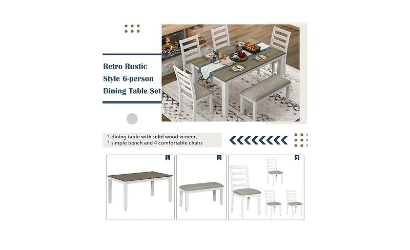 Rustic Style 6-Piece Dining Room Table Set with 4 Upholstered Chairs & a Bench