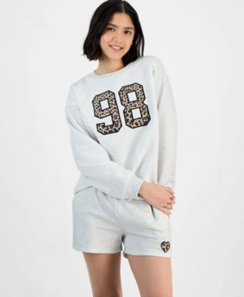 Planet Heart Juniors Graphic Patch Crewneck Sweatshirt High Rise Sweatshorts