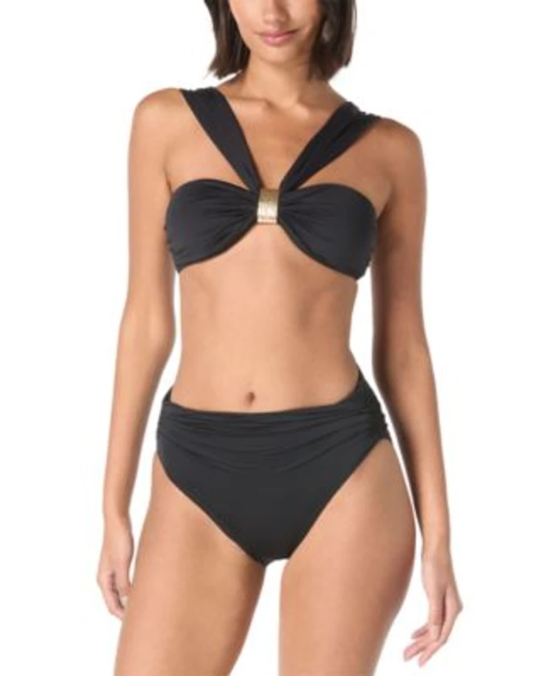 Carmen Marc Valvo Womens Embellished Bandeau Bra Swim Top Ruched Side Bikini Bottoms