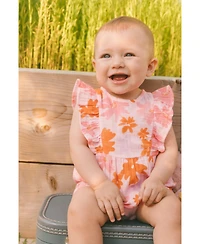 Deux par Deux Baby Girls Printed Muslin Romper Pink And Coral Flowers