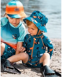 Deux par Deux Baby Boys Printed Long Sleeve One-Piece Rashguard Orange Sloths On Navy Blue