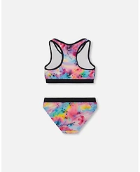 Deux par Girl Printed Two-Piece Racerback Swimsuit Butterflies On Multicolored And Black Background - Toddler|Child
