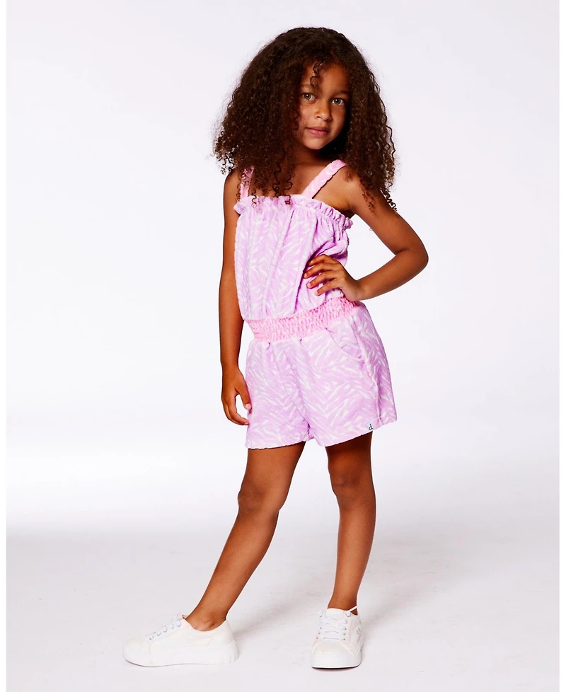 Deux par Toddler Girls Printed Terry Cloth Romper Vibrant Pink And White - Toddler|Child